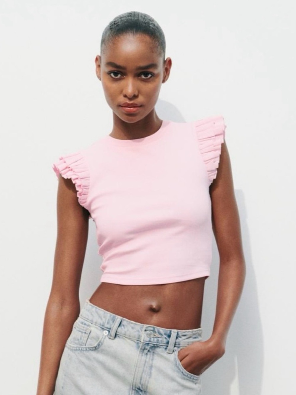 Zara Pink Ruffle Sleeve Crop Top Sz M